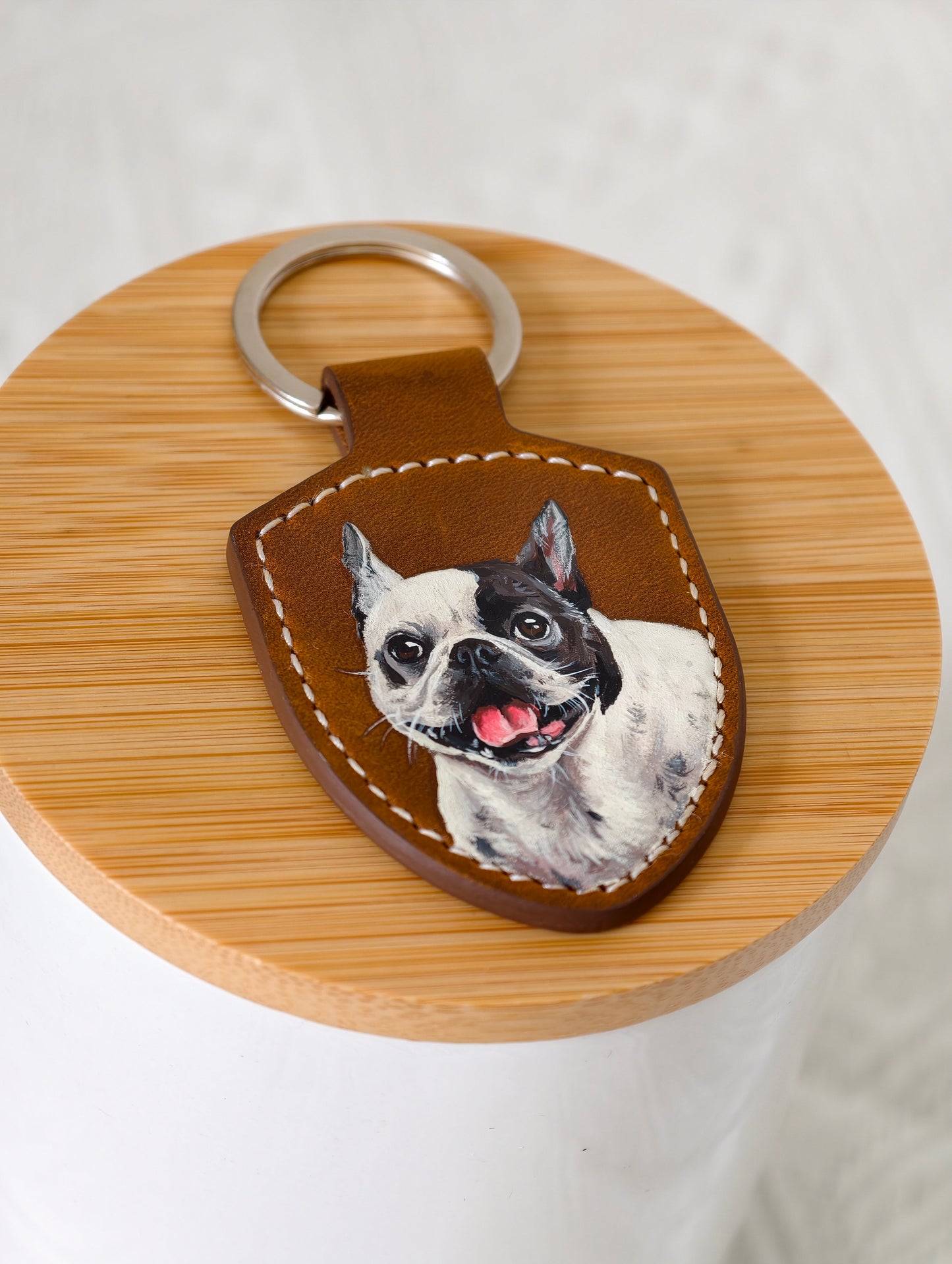 Custom Hand-Painted Pet Portrait Keychain | Personalized Leather Pet Keepsake
