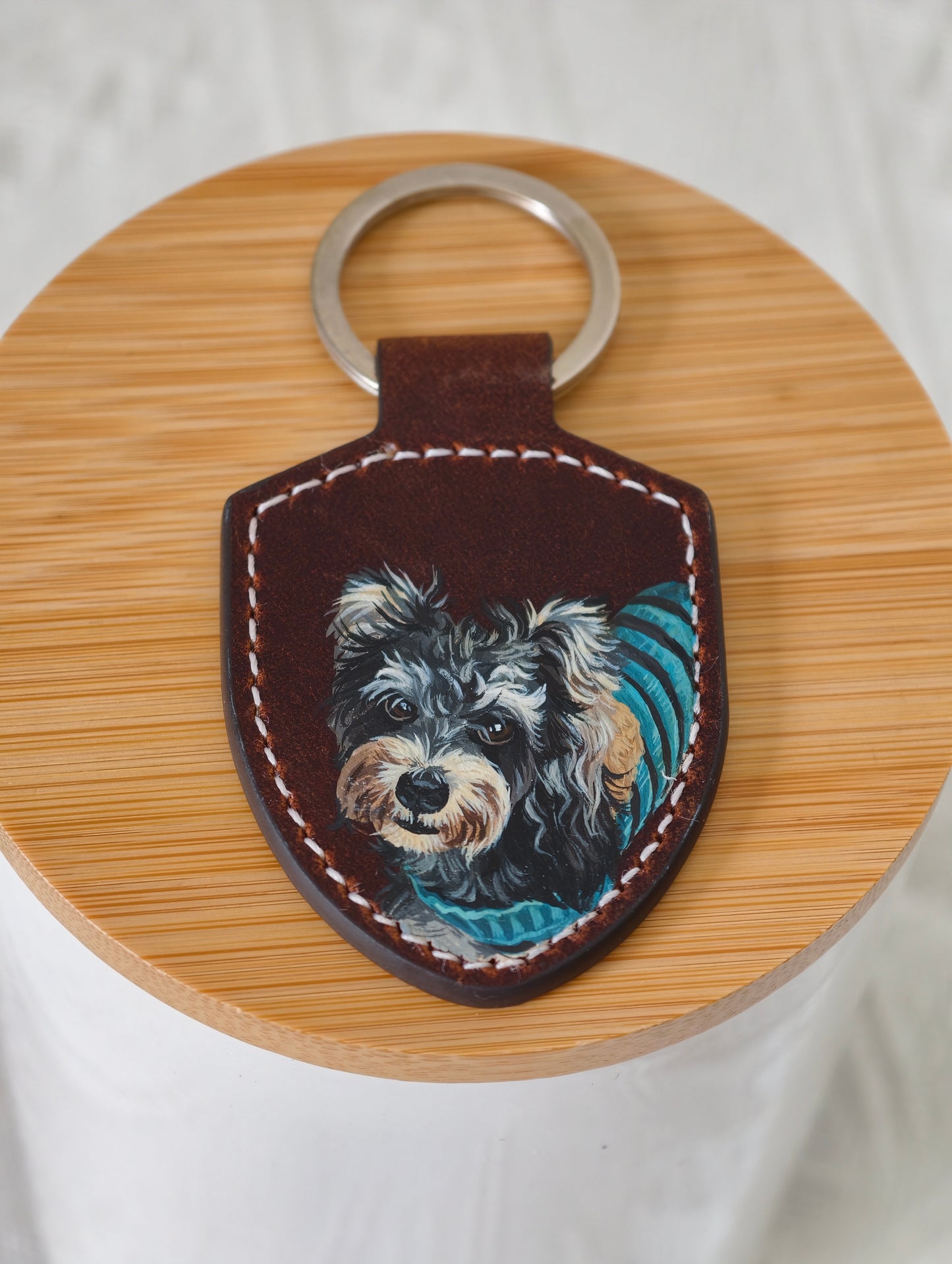 Custom Hand-Painted Pet Portrait Keychain | Personalized Leather Pet Keepsake