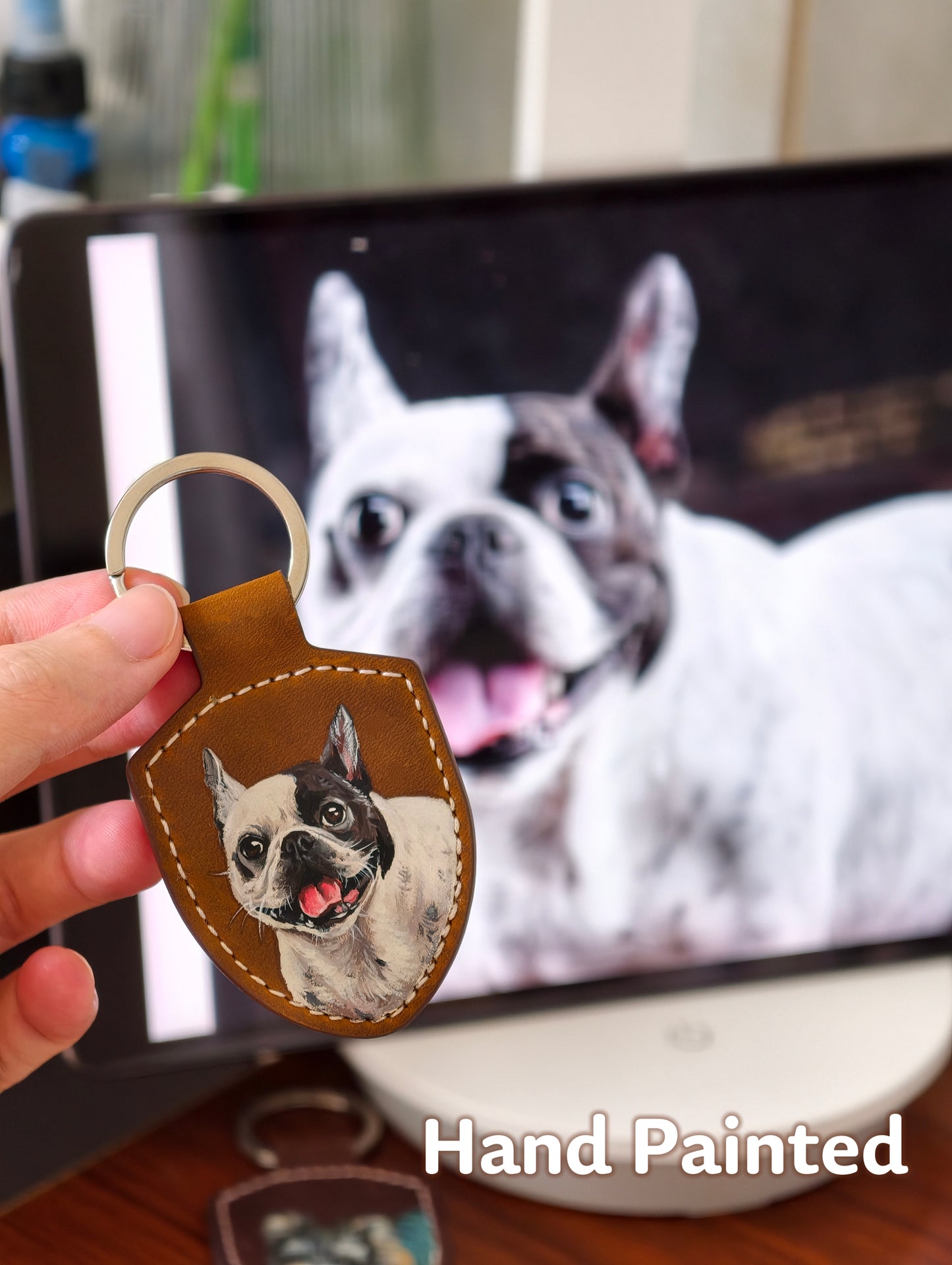 Custom Hand-Painted Pet Portrait Keychain | Personalized Leather Pet Keepsake