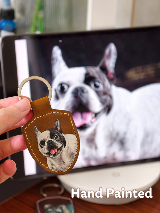 Custom Hand-Painted Pet Portrait Keychain | Personalized Leather Pet Keepsake