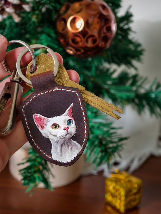 Custom Hand-Painted Pet Portrait Keychain | Personalized Leather Pet Keepsake