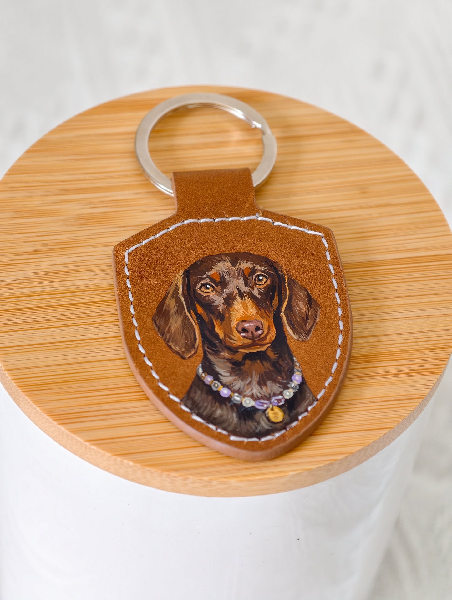Custom Hand-Painted Pet Portrait Keychain | Personalized Leather Pet Keepsake